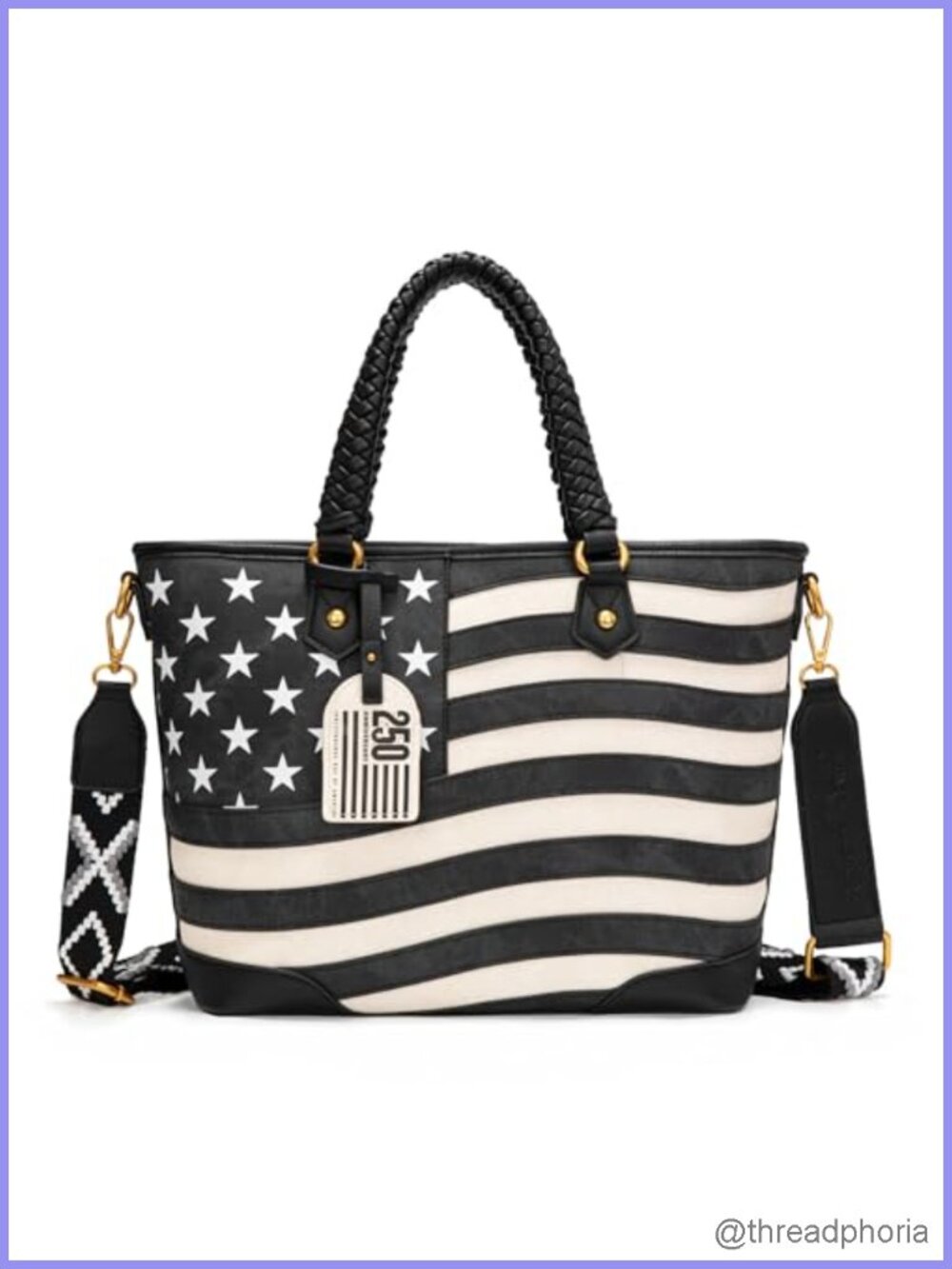 Montana West American Flag Tote Bag Faux Leather Braided Handles Vegan Trim